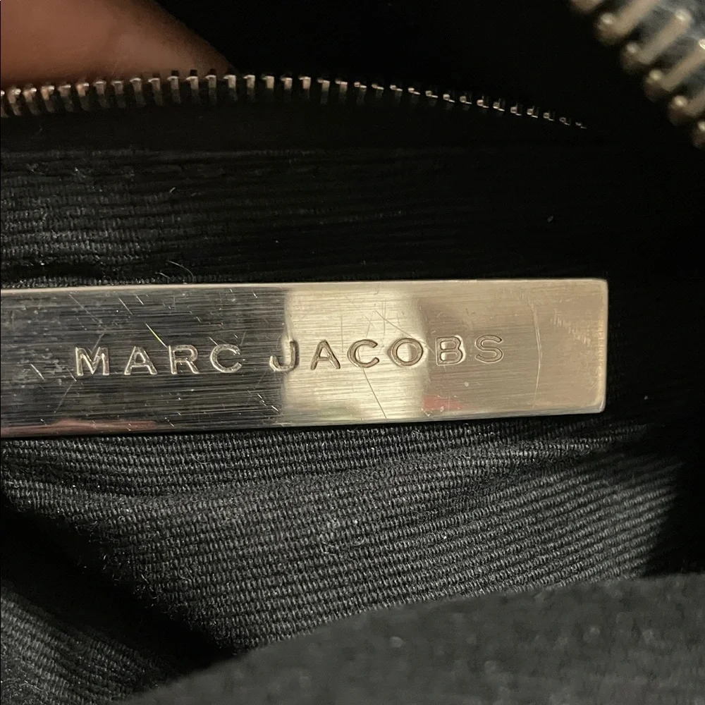 Marc Jacobs Suede Vintage Black Crossbody with Cream Strap and Red M Charm